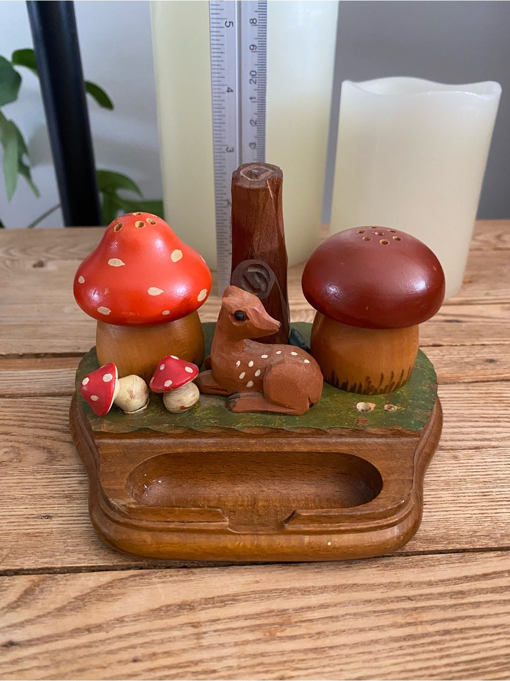 Vintage ANRI Wood Hand Carved Mushroom Deer Toothpick Holder Salt and Pepper Set